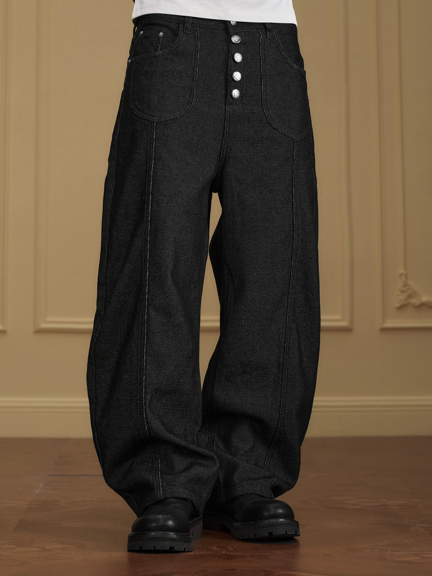 YADcrew Five Button Black Denim Baggy Jeans
