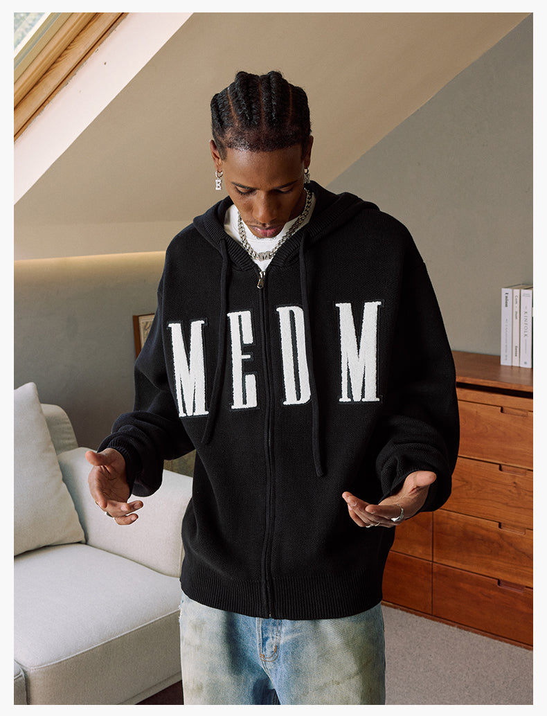 MEDM Basic Embroidered Logo Zip Up Knit Hoodie