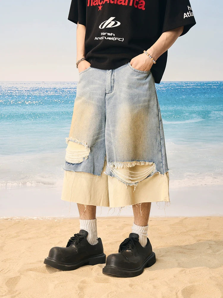 Harsh and Cruel Distressed Wash Layered Denim Shorts