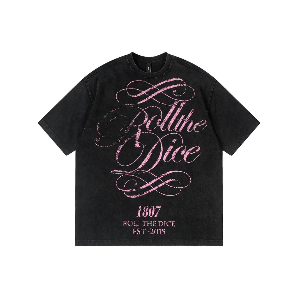 1807 Distressed Calligraphy Graphic Washed Short Sleeve Tee