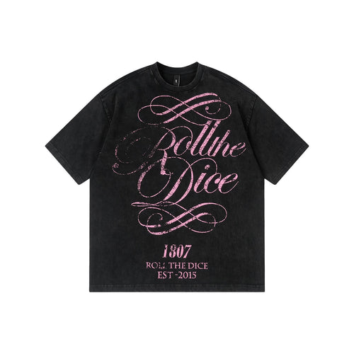 1807 Distressed Calligraphy Graphic Washed Short Sleeve Tee