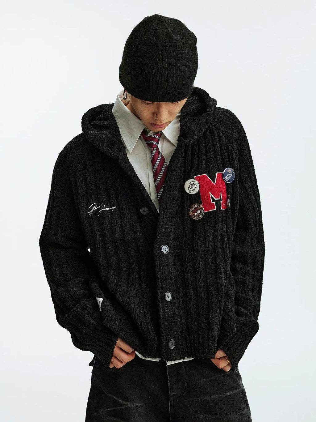 MEDM Stripe Knit Hooded Cardigan
