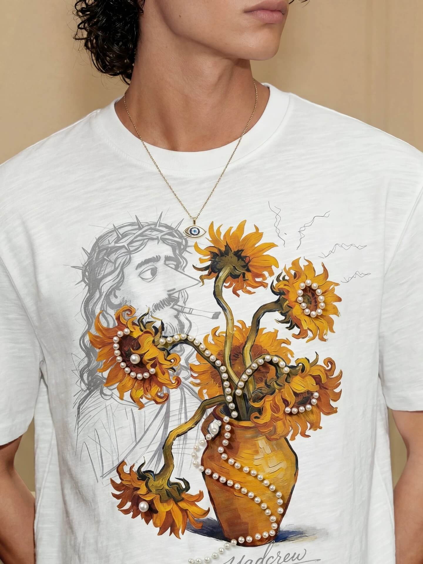 YADcrew Sunflower Jesus Print Pearl Embellished Tee