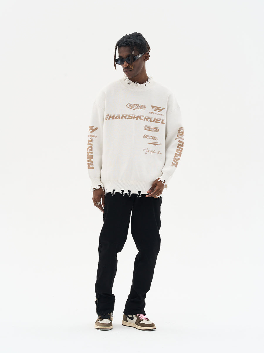 Harsh and Cruel Racing Logo Distressed Knit Sweater