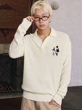 MEDM Rose Embroidered Textured Stripe Knit Long Sleeve Polo