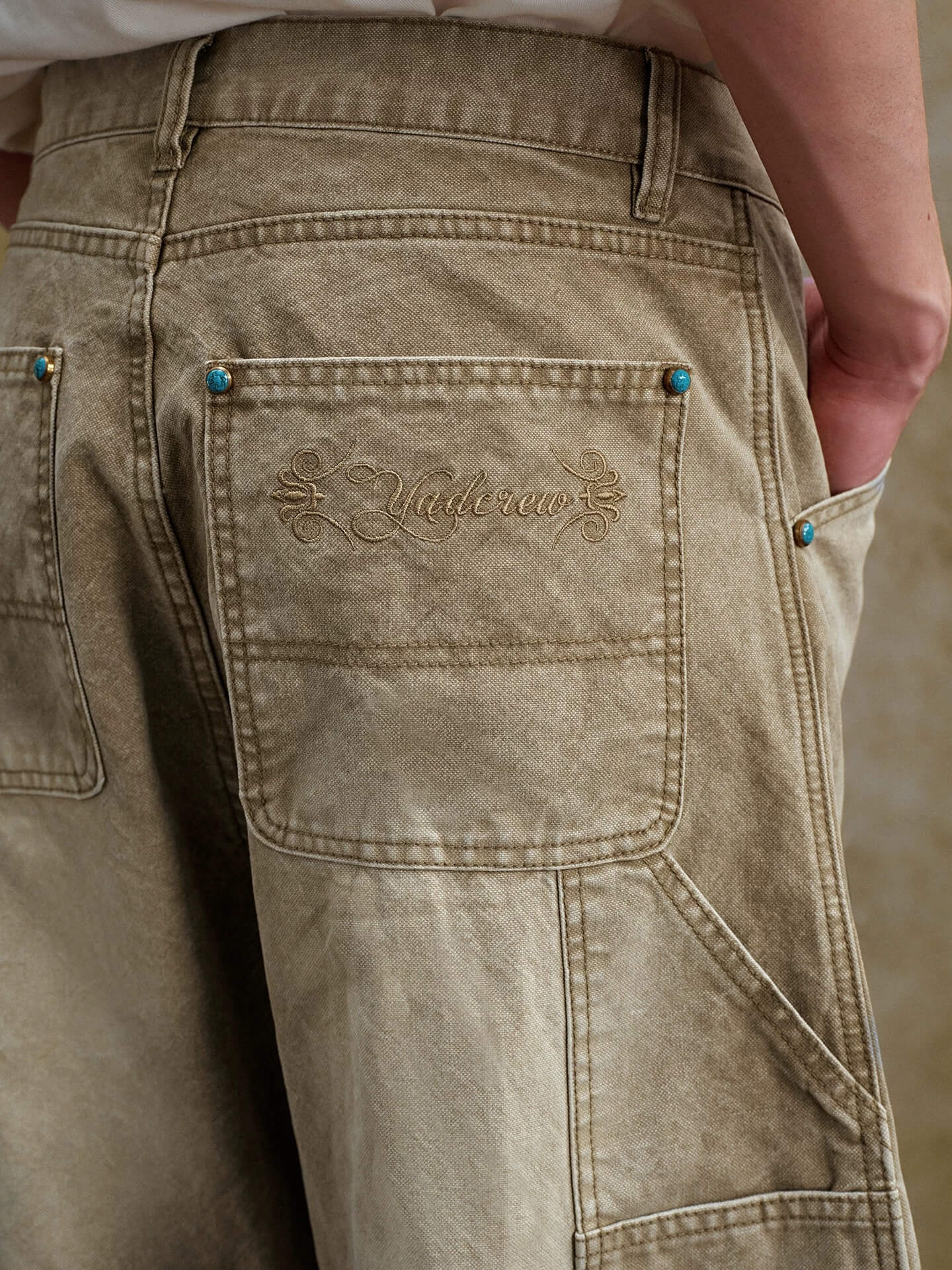 YADcrew Turquoise Studded Washed Tucked Painter Machete Jeans