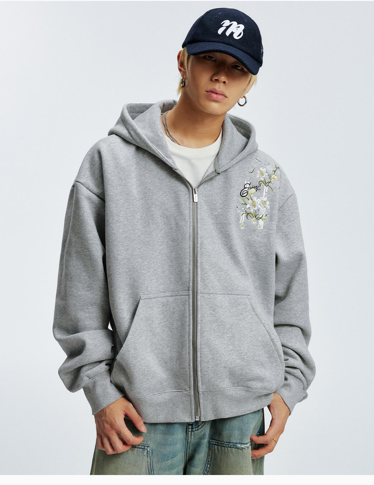 MEDM Rose Embroidered Zip Up Hoodie