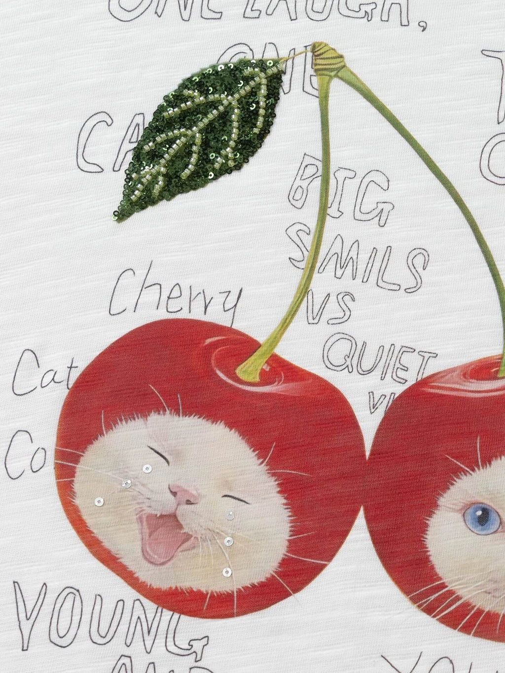 YADcrew Cherry Cat Print Bead and Rhinestone Tee