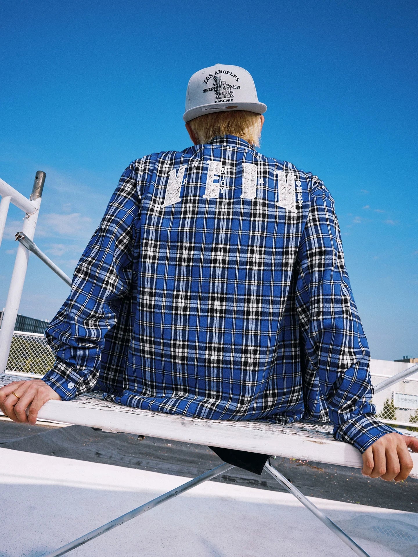 MEDM Blue Pearl Embroidery Plaid Long Sleeve Shirt