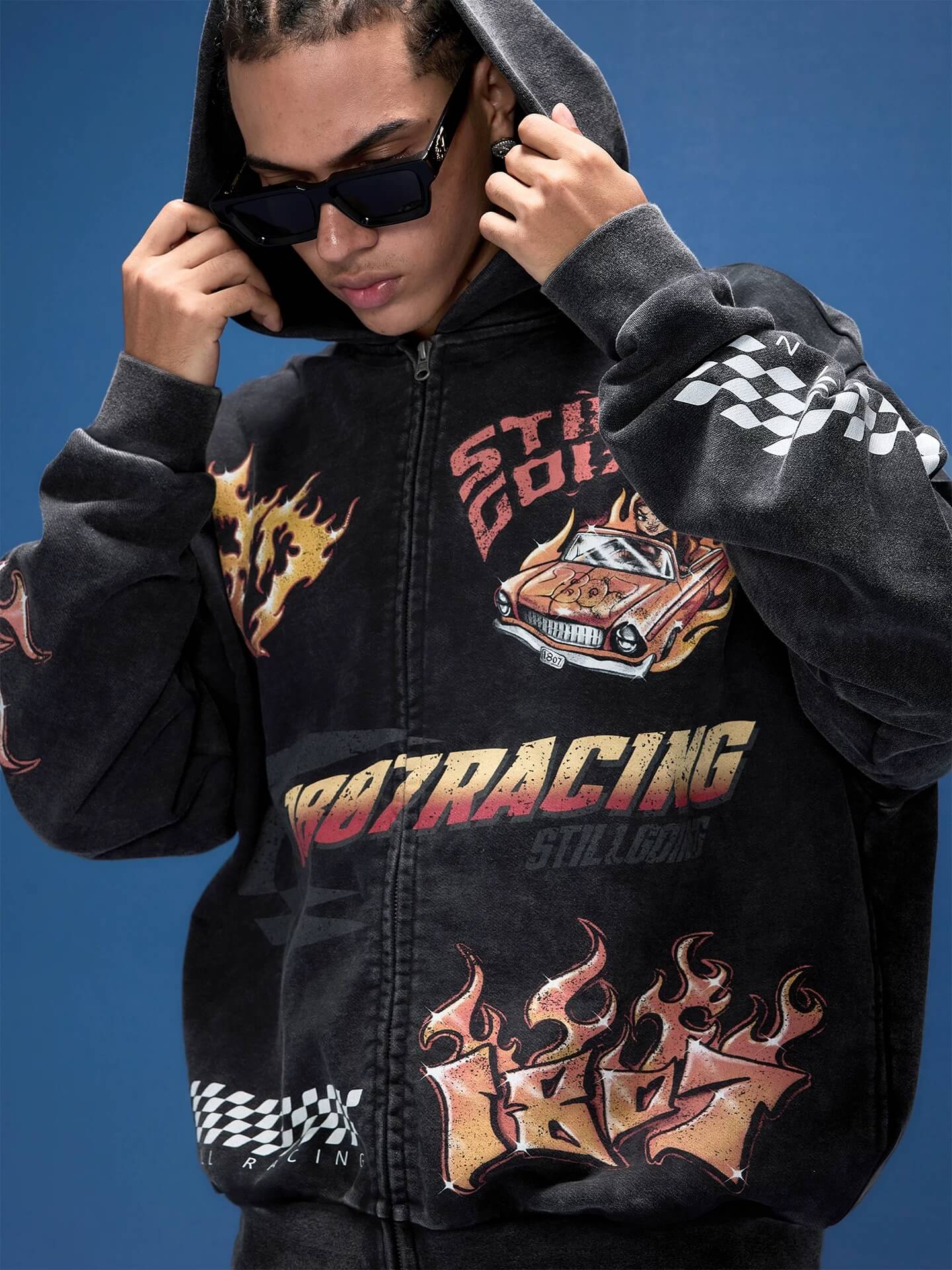 1807 Racing Graffiti Printed Washed Zip Up Hoodie