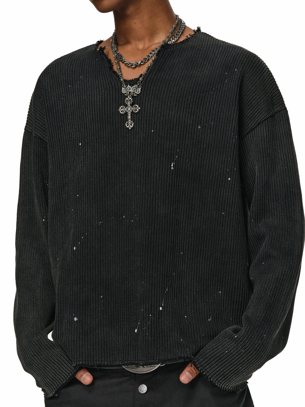 ANTIDOTE Striped Texture Washed Ink Splash Knit Sweater