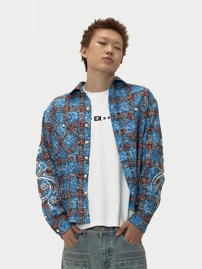 EVILKNIGHT(EK) Floral Embroidered Plaid Long Sleeve Shirt