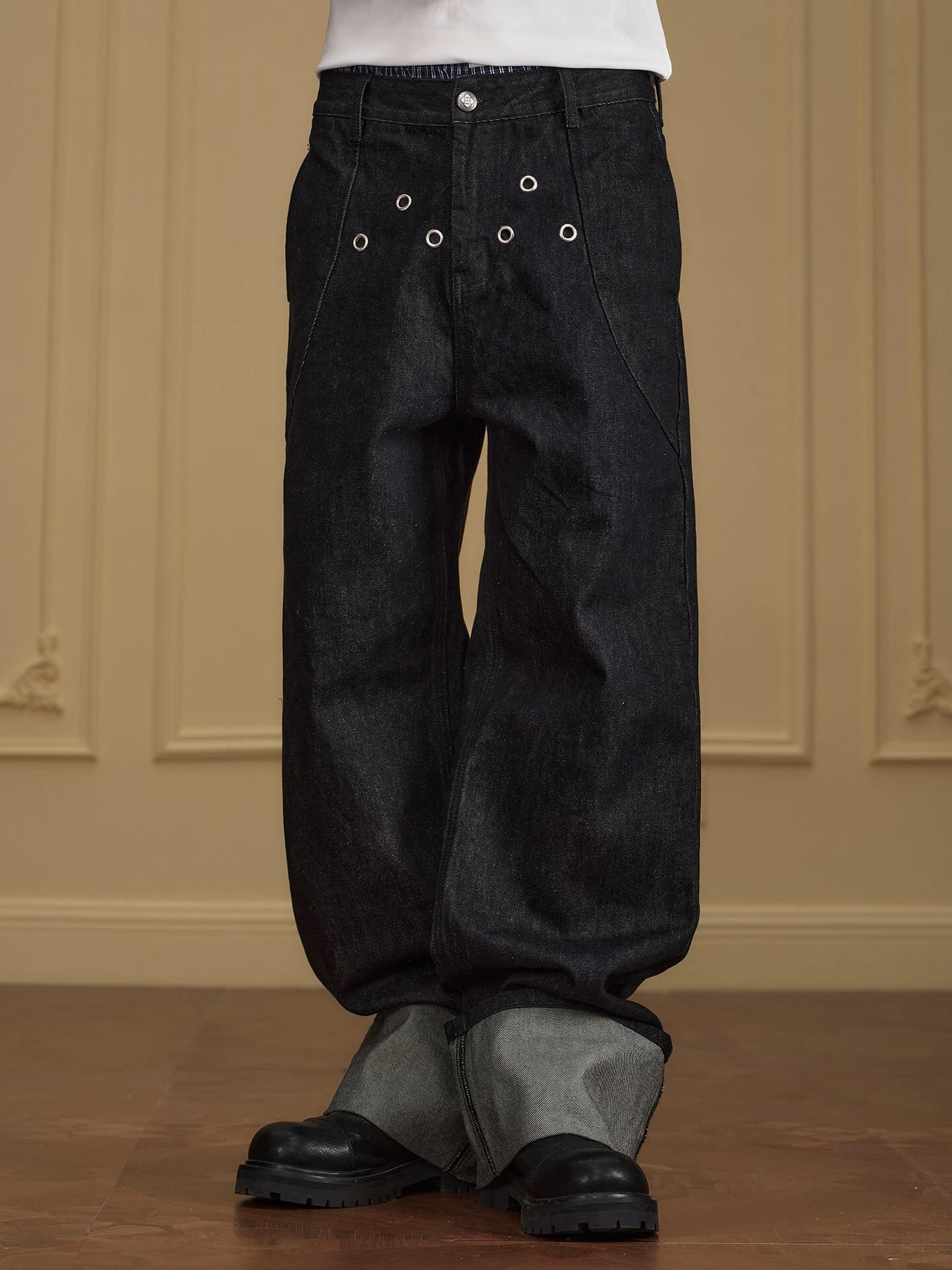 YADcrew Silver Eyelet Contrast Cuff Baggy Jeans