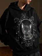 YADcrew Black Cat Print Pearl Hoodie