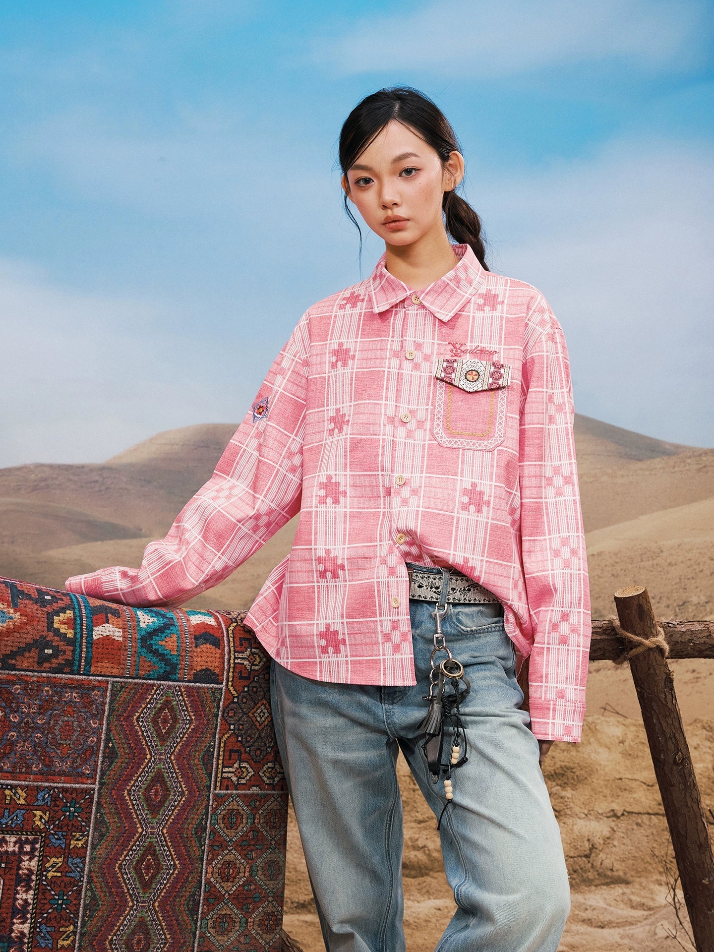 YADcrew Ethnic Pattern Plaid Long Sleeve Shirt