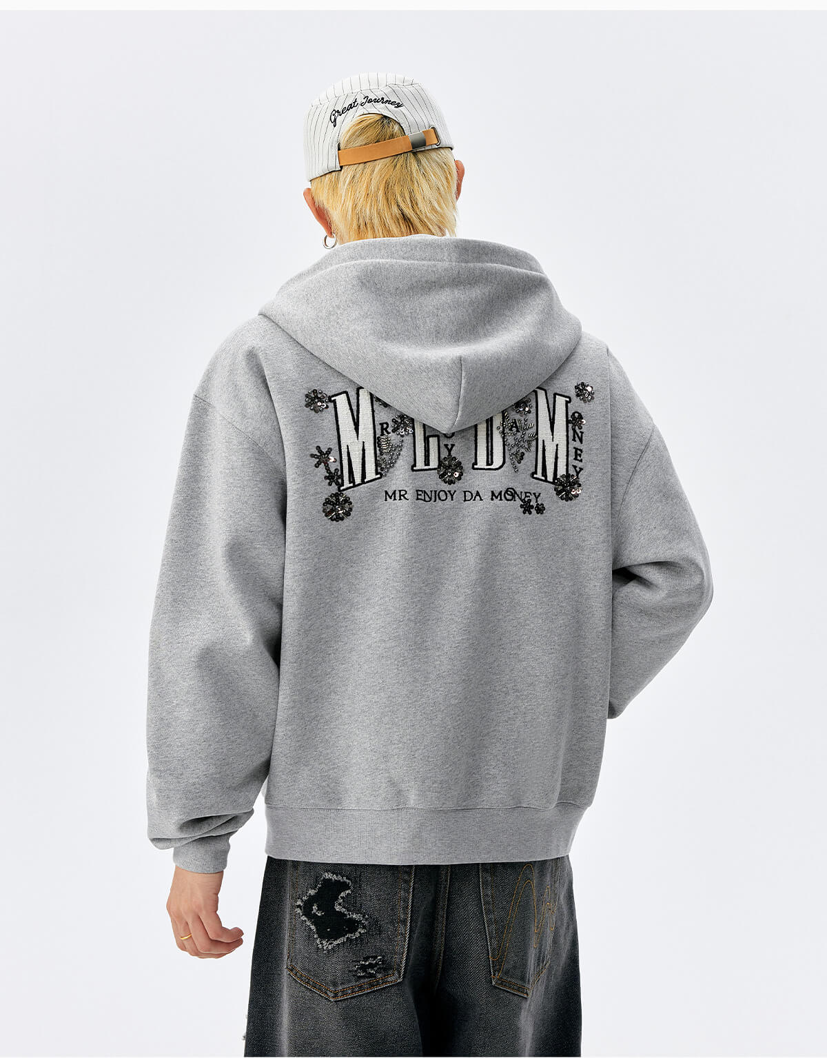 MEDM Beaded Flower Embellished Zip Up Hoodie