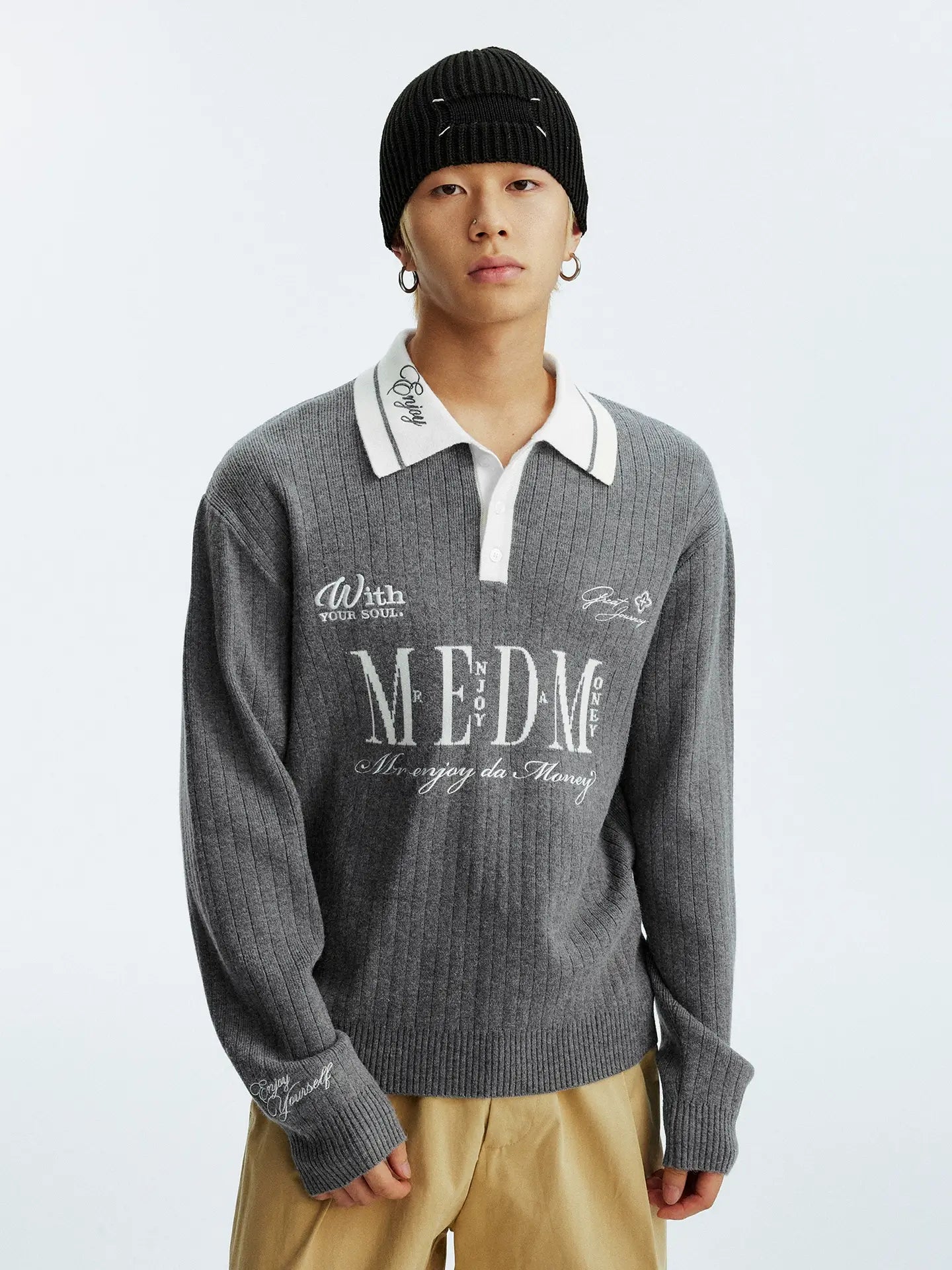 MEDM Color Blocked Long Sleeve Knit Polo Sweater