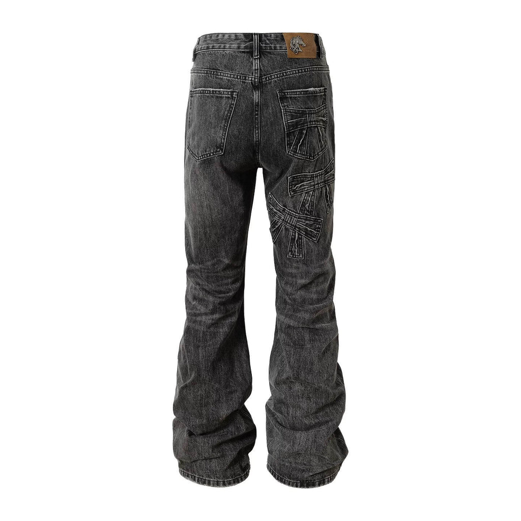 YADcrew Ribbon Patch Distressed Vintage Flared Jeans