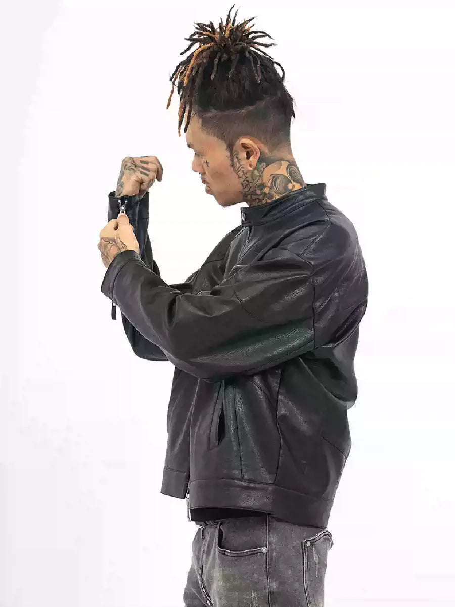 TGFCLUB Logo Embroidered Racing Leather Jacket