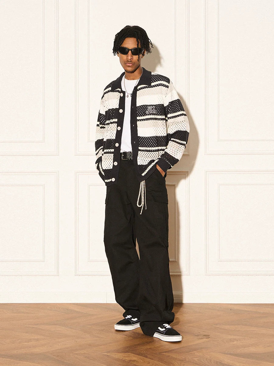 EMPTY REFERENCE Woven Striped Knit Cardigan