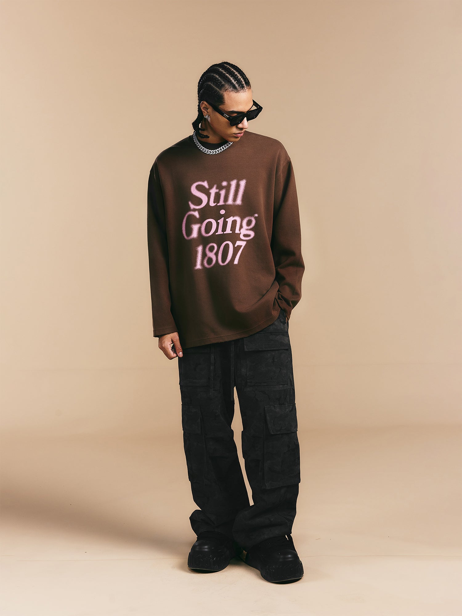 1807 Blurred Logo Print Distressed Long Sleeve Tee