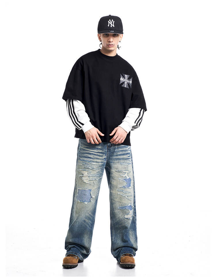 F3F Select Heavy Distressed Washed Patchwork Baggy Jeans