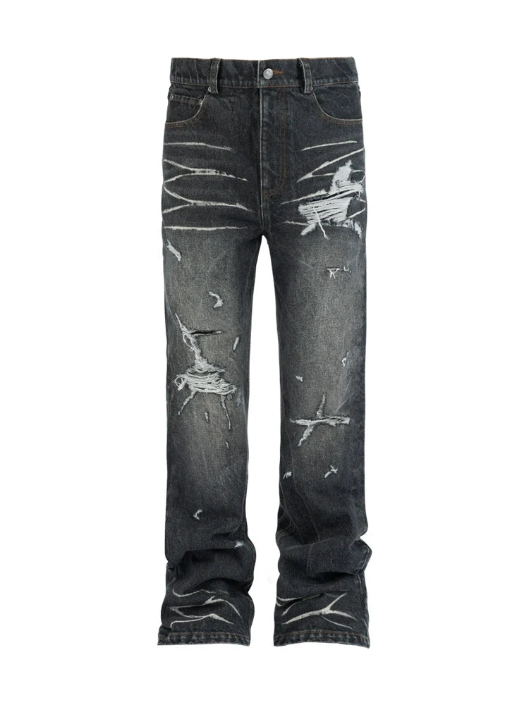 ANTIDOTE Irregular Torn Hole Washed Flared Jeans