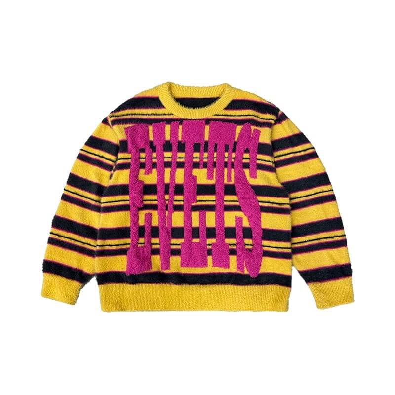 EVETS Logo Striped Fuzzy Knit Sweater