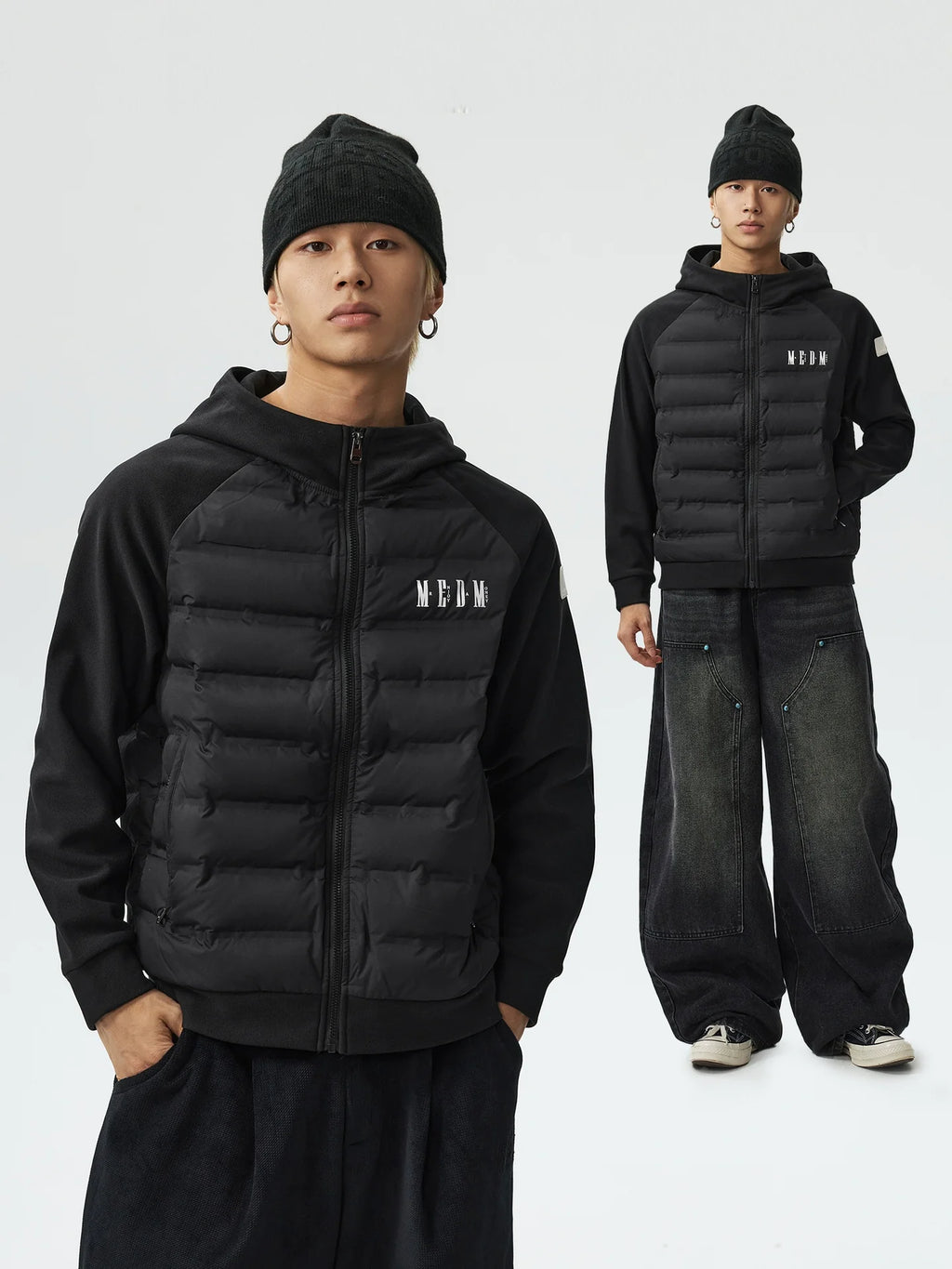 MEDM Patchwork Raglan Sleeve Lightweight Hooded Down Jacket