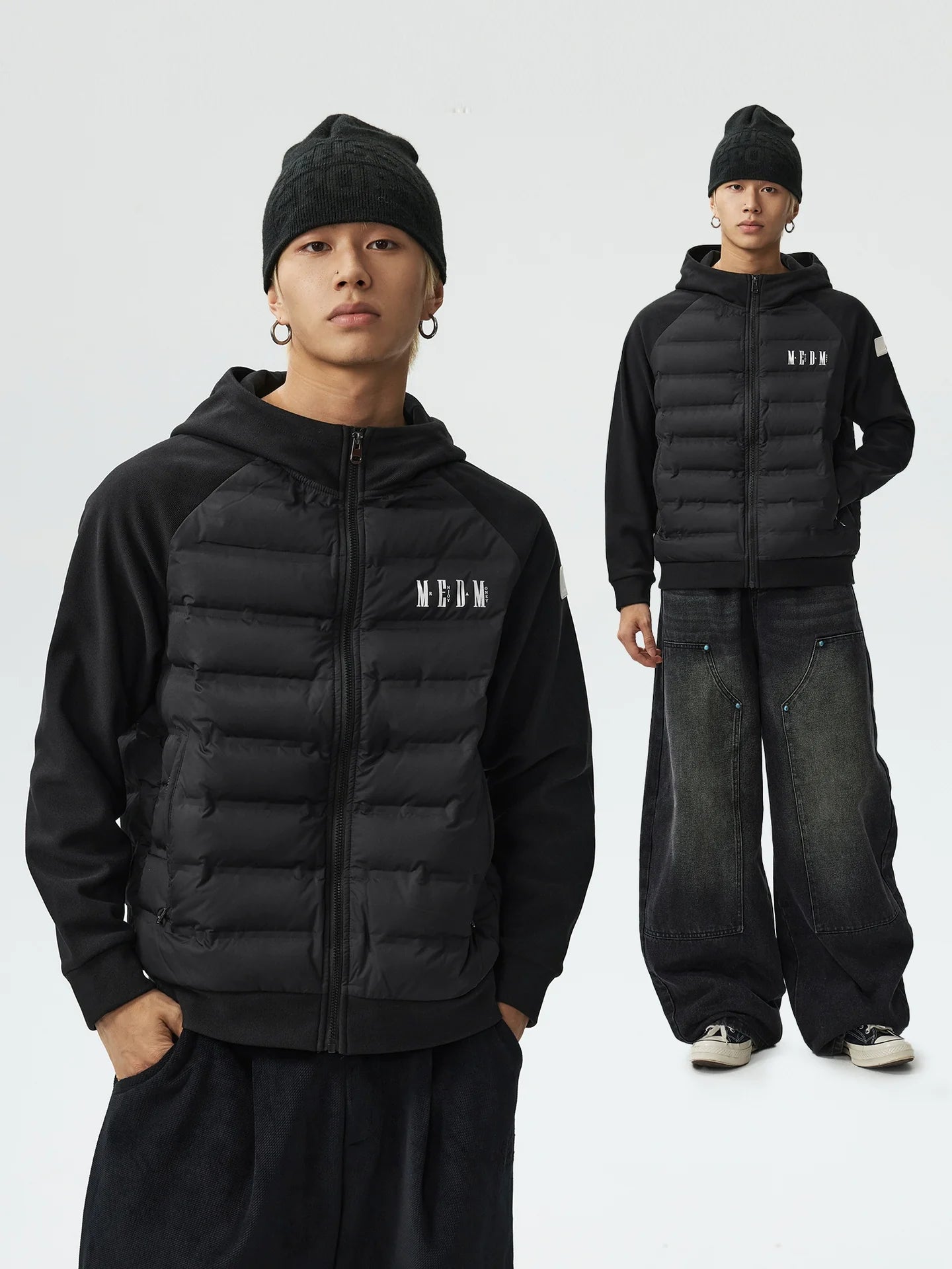 MEDM Patchwork Raglan Sleeve Lightweight Hooded Down Jacket
