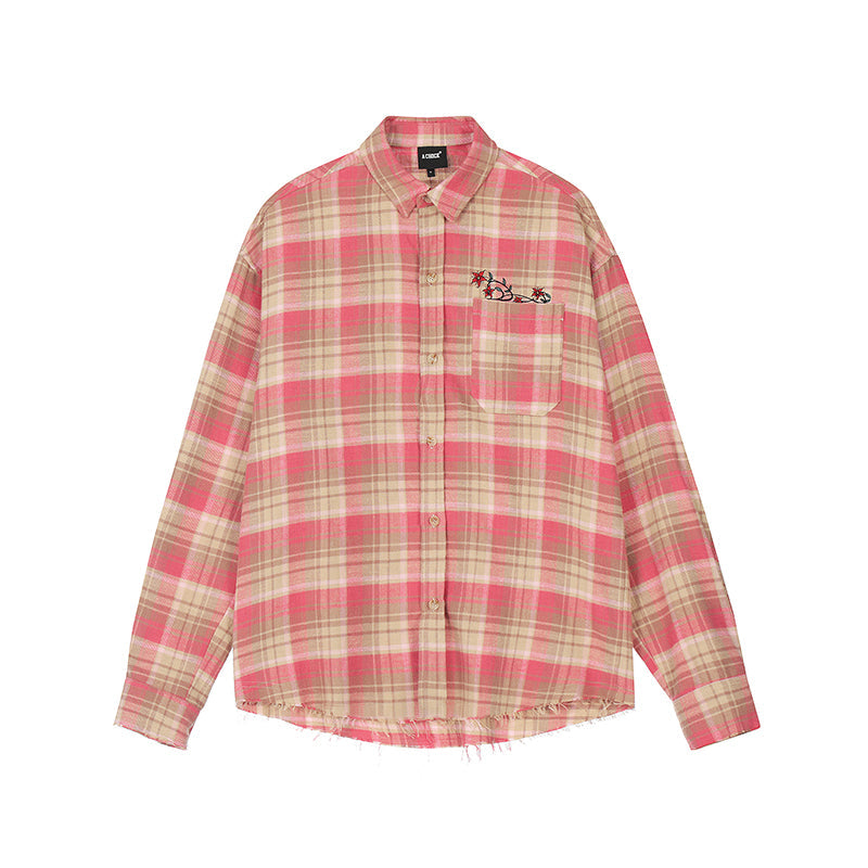 Achock Embroidery Fringe Plaid Long Sleeve Shirt