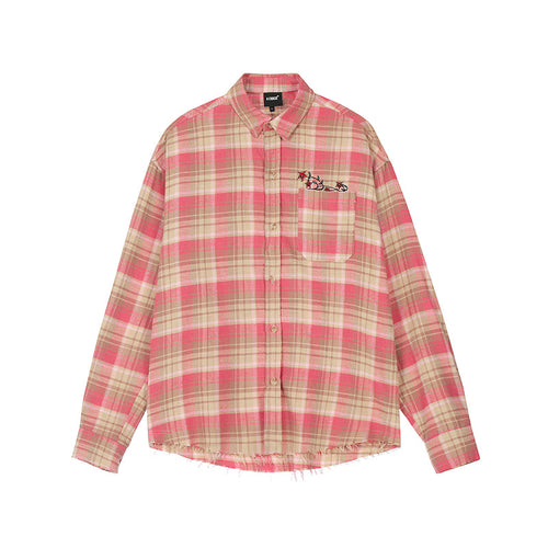 Achock Embroidery Fringe Plaid Long Sleeve Shirt