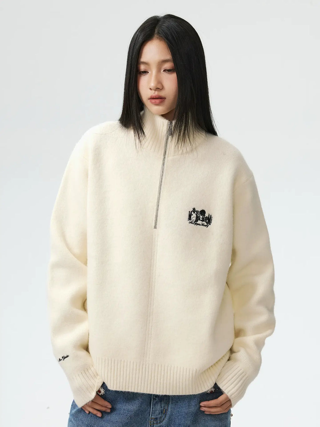 MEDM Rose Embroidered Half Zip Knit Sweater