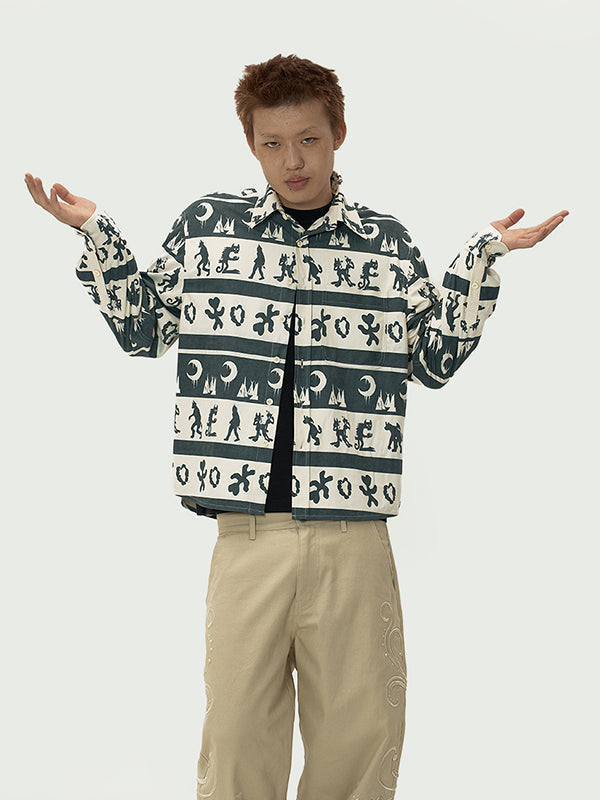 EVILKNIGHT(EK) Ethnic Print Striped Long Sleeve Shirt