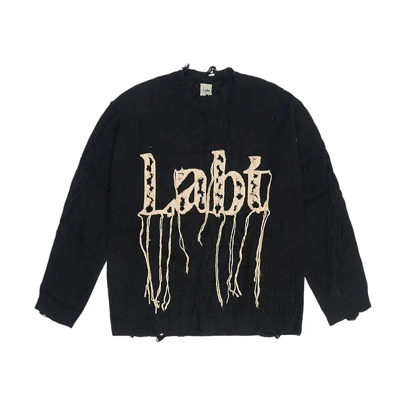 Labt Fringe Lanyard Logo Distressed Knit Sweater