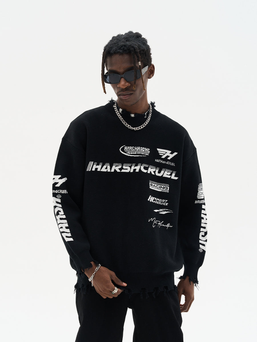 Harsh and Cruel Racing Logo Distressed Knit Sweater