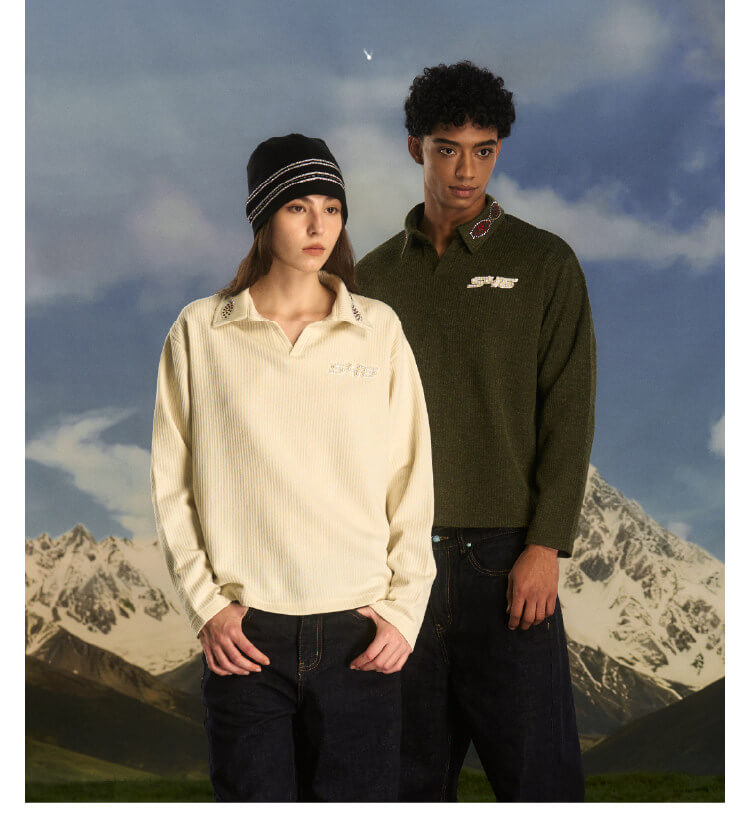 S45 Pearl and Rhinestone Long Sleeve Polo