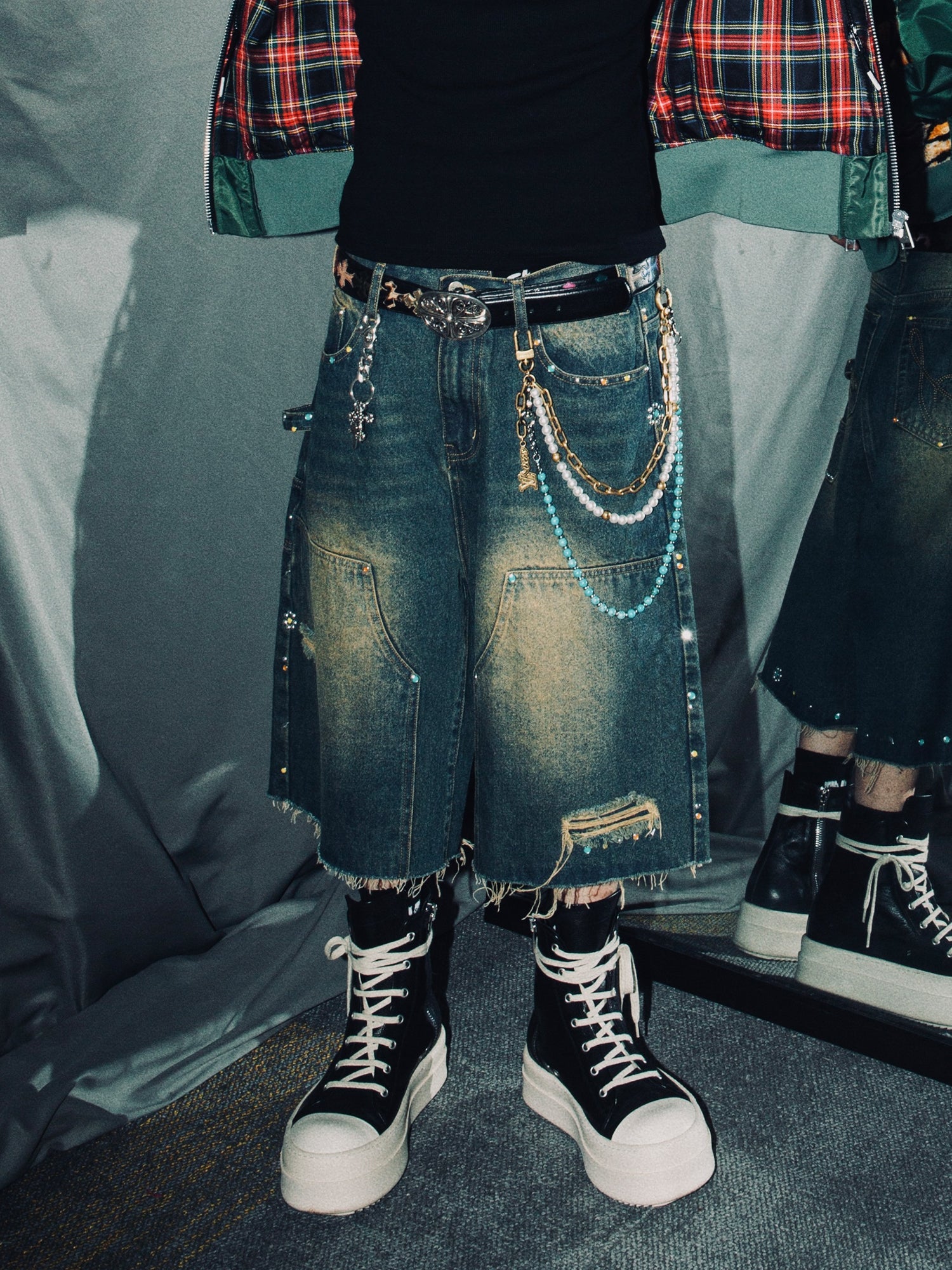 S45 Gem Woodcutting Distressed Raw Edge Denim Shorts