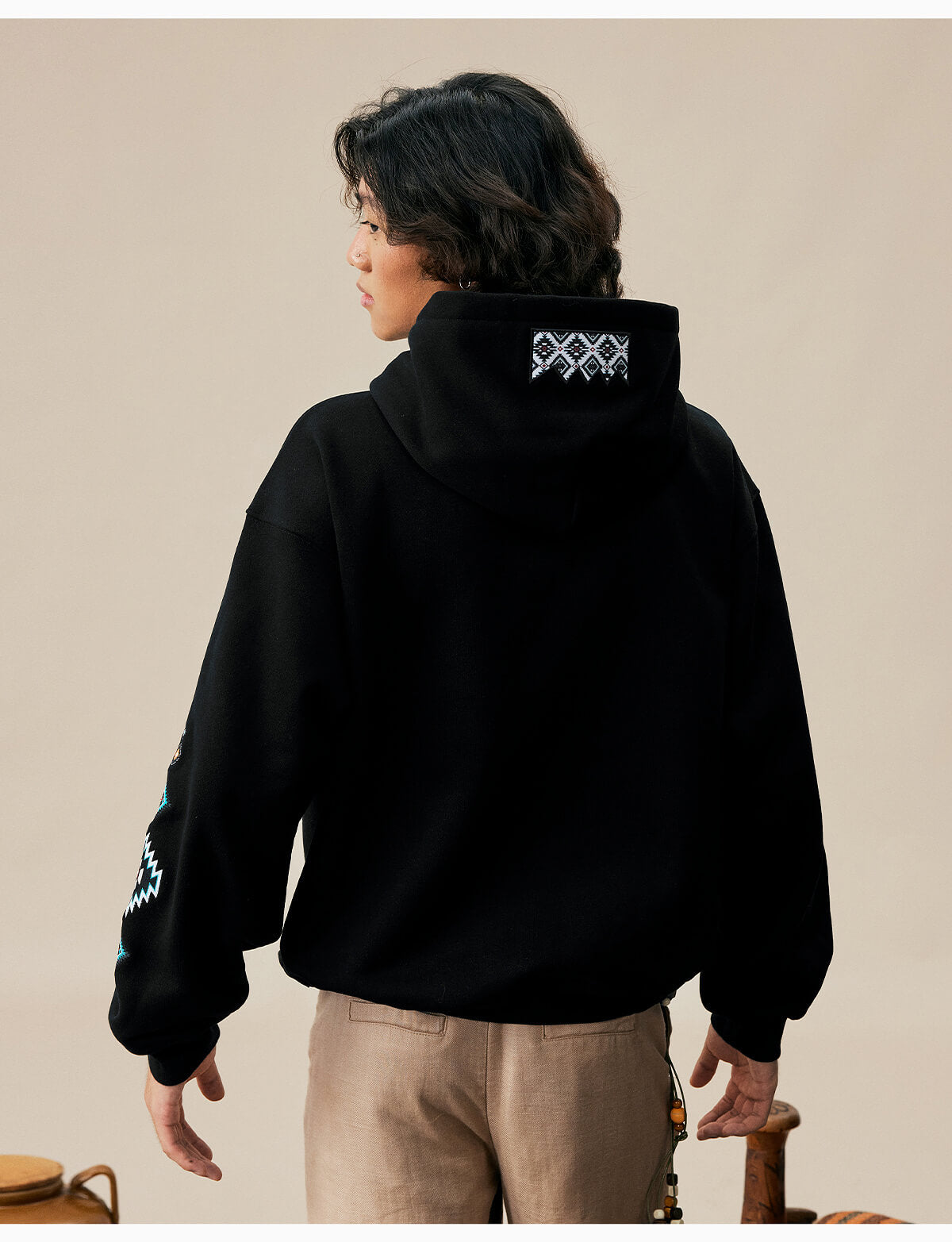 MEDM Ethnic Embroidered Patch Pearl Oversized Hoodie