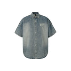 1807 Distressed Logo Washed Denim Short Sleeve Shirt