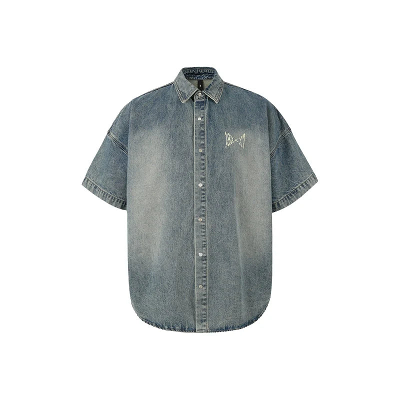 1807 Distressed Logo Washed Denim Short Sleeve Shirt