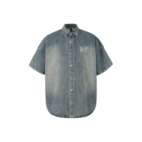 1807 Distressed Logo Washed Denim Short Sleeve Shirt
