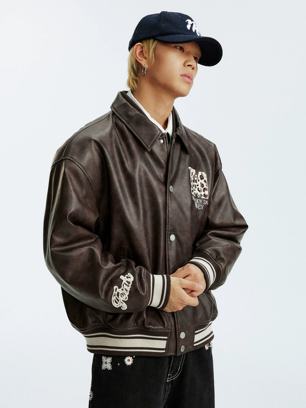 MEDM Leopard Patch Pearl PU Leather Varsity Jacket