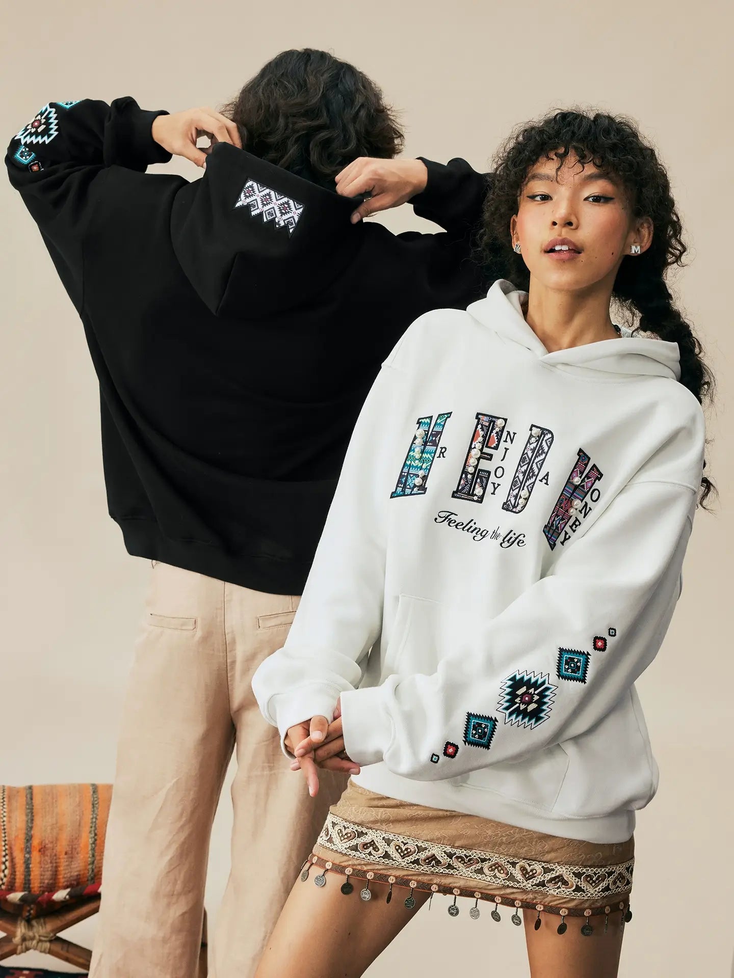 MEDM Ethnic Embroidered Patch Pearl Oversized Hoodie
