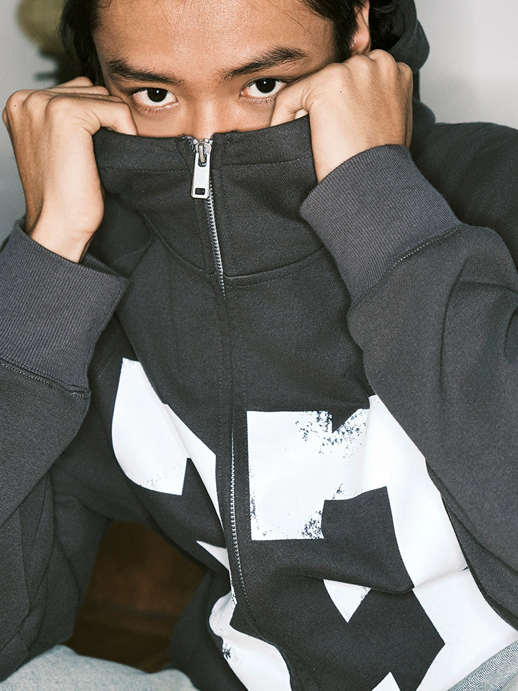 JUST VIBE Number 33 Vintage Print Zip Up Hoodie