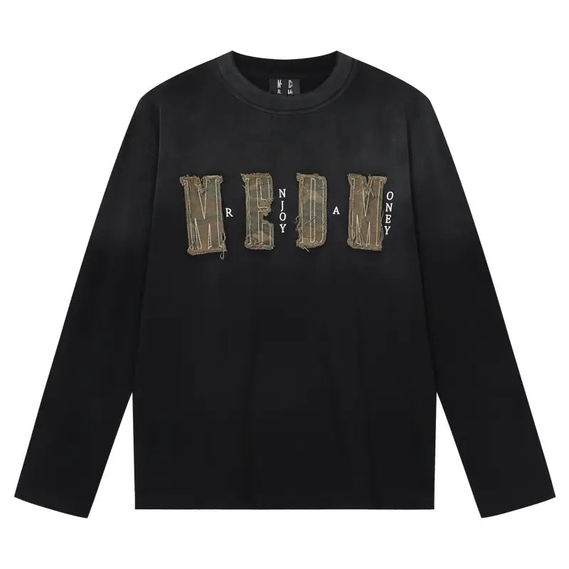 MEDM Frayed Logo Patch Washed Distressed Long Sleeve Tee