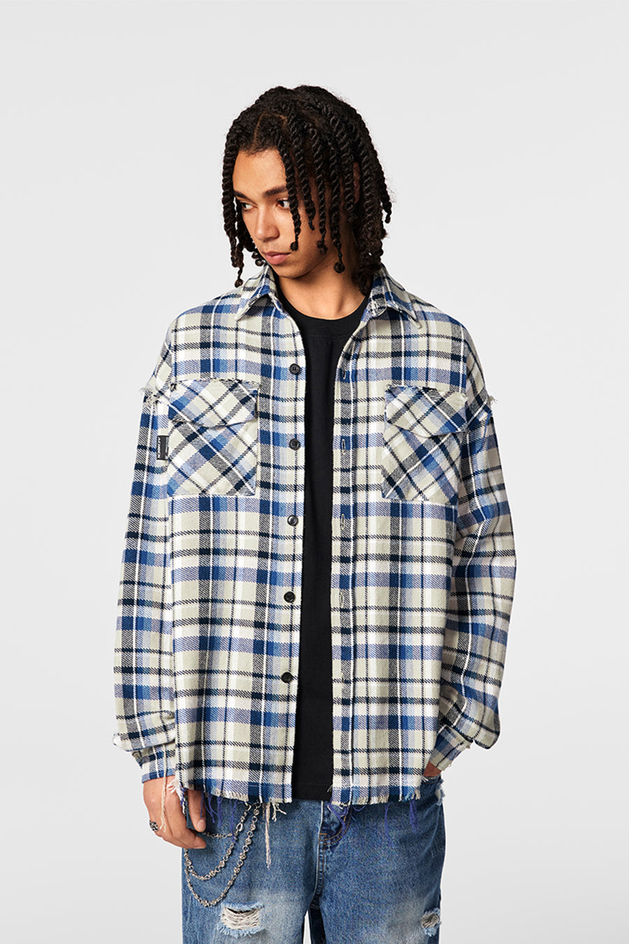 Achock Plaid Fringe Long Sleeved Flannel Shirt