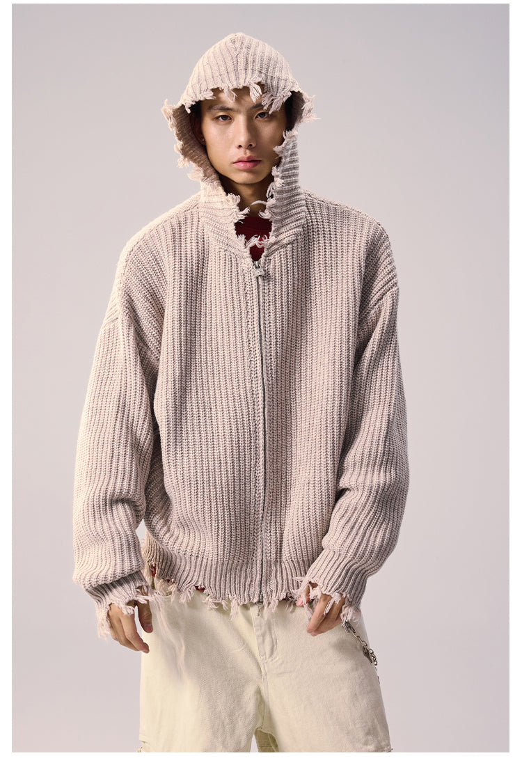 Remedy Distressed Hooded Zipper Knit Cardigan