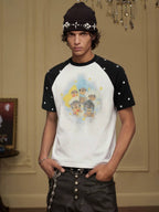 YADcrew Cartoon Dog Print Star Raglan Color Block Tee