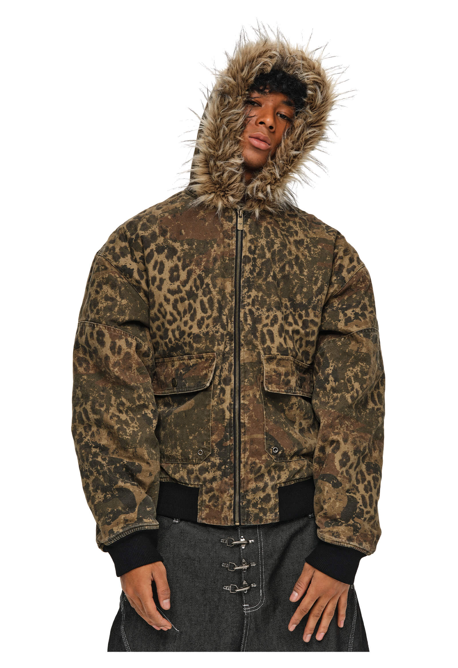 ANTIDOTE Washed Leopard Fur Hooded Work Jacket